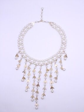Vintage signed Hong Kong Gold tone and faux Pearl Dangle Bib Necklace